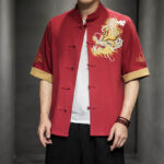 Buddha Stones Frog-Button Chinese Dragon Auspicious Cloud Embroidery Half Sleeve Shirt Cotton Linen Men Clothing Men's Shirts BS 17