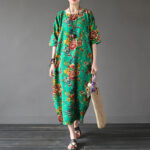 Buddha Stones Red Peony Flowers Printed Midi Dress Half Sleeve Cotton Linen Dress 13