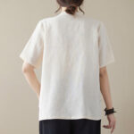 Buddha Stones Solid Color Frog-Button Short Sleeve Cotton Linen Shirt Women's Shirts BS 2