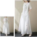 Buddha Stones 2Pcs Flower Embroidery Short Sleeve Tee T-shirt Wide Leg Pants Set 2-Piece Outfit BS 16