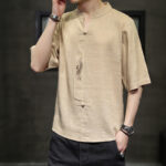 Buddha Stones Frog-Button Phoenix Embroidery Chinese Tang Suit Short Sleeve Shirt Cotton Linen Men Clothing Men's Shirts BS 11