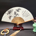 Buddha Stones A Panorama Of Rivers And Mountains Cranes Orchid Flower Paper Bamboo Handheld Silk Bamboo Folding Fan 22cm Folding Fan BS Bamboo Leaves 22cm