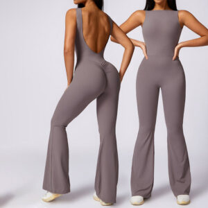 Buddha Stones Women Casual Sleeveless Jumpsuit Flare Pants Sports Fitness Yoga Bodysuit Bodysuit BS Purple Gray XL(Bust 78cm/Waist 66cm/Hips 94cm)