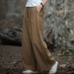 Buddha Stones Retro Wide Leg Pants Casual Women's Yoga Pants With Pockets Wide Leg Pants BS Brown(Waist 62-100cm/Hips 118cm/Length 98cm)