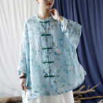 Buddha Stones Light Green Pink Flowers Green Leaves Frog-Button Long Sleeve Ramie Linen Jacket Shirt 25