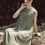 Buddha Stones Handmade Tie Dye Midi Dress Linen Sleeveless Dress 11