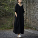 Buddha Stones Solid Color V-Neck Half Sleeve Ramie Linen Midi Dress With Pockets Midi Dress BS 13