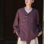 Buddha Stones Solid Color Ramie Linen Loose Blouse Long Sleeve Shirt Chinese Hanfu Top Long Sleeve Shirt BS 18