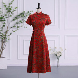Buddha Stones Vintage Auspicious Clouds Leaf Print Cheongsam Dress Women's Qipao Dress Cheongsam Dresses BS Red Auspicious Clouds Bust 112cm/Waist 92cm/Hips 116cm