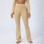 Buddha Stones Long Sleeve Backless Strap Top Bra Flare Pants Fitness Yoga Outfit 2-Piece Outfit BS Brown Pants US8/10/XL