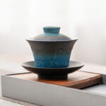 Buddha Stones Retro Blue Ocean Sea Waves Gradient Ceramic Gaiwan Sancai Teacup Kung Fu Tea Cup And Saucer With Lid Cup BS 1