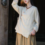 Buddha Stones Solid Color Ramie Linen Loose Blouse Long Sleeve Shirt Chinese Hanfu Top Long Sleeve Shirt BS 1