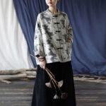 Buddha Stones Black Gray Print Frog-button Design Long Sleeve Cotton Linen Jacket Shirt With Pockets Women's Shirts BS 35