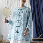 Buddha Stones Light Green Pink Flowers Green Leaves Frog-Button Long Sleeve Ramie Linen Jacket Shirt 21