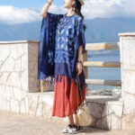 Buddha Stones Blue Flower Indigo Dyeing Shawl Tassels Cozy Pullover 90*95cm 8