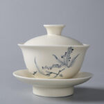 Buddha Stones Hand Painted Pomegranate Hibiscus Pine Lotus Ceramic Gaiwan Sancai Teacup Kung Fu Tea Cup And Saucer With Lid Cup BS 13*9cm*200ml Pine