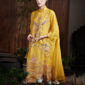 Buddha Stones 100% Mulberry Silk Organza Dress Embroidered Yellow Phoenix Qipao Cheongsam Dress Cheongsam Dresses BS XL(Bust 128cm/Length 126cm)