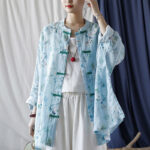 Buddha Stones Light Green Pink Flowers Green Leaves Frog-Button Long Sleeve Ramie Linen Jacket Shirt 19