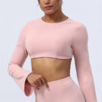 Buddha Stones Long Sleeve Backless Strap Top Bra Flare Pants Fitness Yoga Outfit 2-Piece Outfit BS Pink Top US8/10/XL