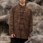 Buddha Stones Bamboo Leaves Clothing Chinese Tang Suit Jacket Coat Men Clothing Clothes BS Brown(Top Only) 5XL(Suitable for Weight 105-115kg)