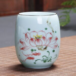 Buddha Stones Koi Fish Lotus Landscape Dandelion Peony Flower Ceramic Teacup Kung Fu Tea Cup Cup BS Red Lotus 7.8cm*8.1cm*180ml