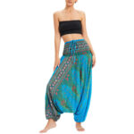 Buddha Stones Two Style Wear Peacock Feather Loose Smocked Harem Trousers Jumpsuit High Waist Pants Harem Pants BS 8
