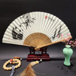 Buddha Stones A Panorama Of Rivers And Mountains Cranes Orchid Flower Paper Bamboo Handheld Silk Bamboo Folding Fan 22cm Folding Fan BS Panda 22cm