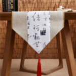 Buddha Stones Classic Chinese Style Lotus Koi Fish Flower Crane Calligraphy Enlightenment Cotton Linen Tassels Table Runner Table Runner BS Beige White Calligraphy 30*180cm