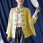 Buddha Stones Yellow Phoenix Print Frog-button Design Long Sleeve Ramie Linen Jacket Shirt Women's Shirts BS 23