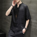 Buddha Stones Frog-Button Phoenix Embroidery Chinese Tang Suit Short Sleeve Shirt Cotton Linen Men Clothing Men's Shirts BS 17