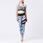 Buddha Stones 2Pcs Sunflower Flowers Leaves Print Top Pants Sports Fitness Yoga Women's Yoga Sets Women's Yoga Sets BS Blue Leaves Pink Flowers XL(Bust 82cm/Waist 72cm/Hips 87cm)