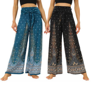 Buddha Stones Boho Peacock Feathers Lace-up Wide Leg Pants Women's Yoga Pants Women's Wide Leg Pants BS main
