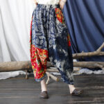 Buddha Stones Blue Red Peony Flowers Patchwork Cotton Linen Harem Pants With Pockets Women's Harem Pants BS 15