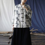 Buddha Stones Black Gray Print Frog-button Design Long Sleeve Cotton Linen Jacket Shirt With Pockets Women's Shirts BS 34