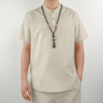 Buddha Stones Solid Color Men Short Sleeve Button Linen Shirt Men's Shirts BS 10