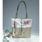 Buddha Stones Pear Flower Plum Peach Blossom Bamboo Embroidery Canvas Large Capacity Shoulder Bag Tote Bag Bag BS 43