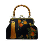 Buddha Stones Leaves Bird Branches Persimmon Flowers Bamboo Handles Handbag Handbags BS Black Orange Persimmon 26*18*9cm