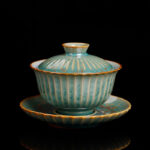 Buddha Stones Retro Glaze Kiln Change Ceramic Gaiwan Sancai Teacup Kung Fu Tea Cup And Saucer With Lid Cup BS Green 11.5cm*8.5cm*140ml