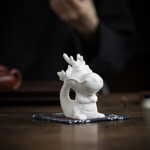 Buddha Stones Year Of The Dragon Luck White Porcelain Ceramic Tea Pet Home Figurine Decoration Decorations BS Dragon 4.3cm*5.9cm*8.6cm&Bamboo Mat
