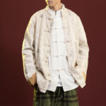 Buddha Stones Chinese Calligraphy Clothing Jacket Coat Tang Suit Men Clothing Clothes BS Beige(Top Only) 5XL