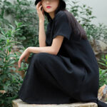 Buddha Stones Frog-Button Midi Dress Cotton Linen Short Sleeve Dress With Pockets Midi Dress BS 6