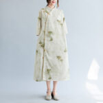 Buddha Stones Flowers Green Yellow Leaves Print Cheongsam Midi Dress Three Quarter Sleeve Dress With Pockets Cheongsam Dresses BS 3