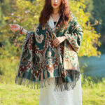 Buddha Stones Tibetan Flowers Leaves Branch Design Tassel Shawl Cozy Travel Scarf Wrap Tibetan Shawl BS Dark Green