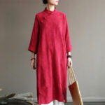 Buddha Stones Flower Jacquard Midi Dress Long Sleeve Cotton Linen Dress Wide Leg Pants With Pockets 45