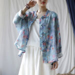 Buddha Stones Pink Flowers Green Leaves Print Frog-button Design Long Sleeve Ramie Linen Jacket Shirt Women's Shirts BS 1
