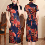 Buddha Stones Retro Flower Lotus Peony Feather Print Qipao Dress Women's Cheongsam Dress Cheongsam Dresses BS Navy Blue Peony Suitable for Weight 77.5kg