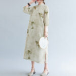 Buddha Stones Flowers Green Yellow Leaves Print Cheongsam Midi Dress Three Quarter Sleeve Dress With Pockets Cheongsam Dresses BS 2