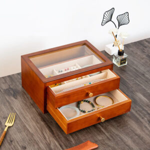 Buddha Stones Retro Solid Wood Jewelry Box Jewelry Storage Box With Drawer Jewelry Box BS Two Layers Light Color 28*19*13.5cm