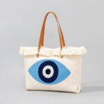 Buddha Stones Large Capacity Evil Eye Leaf Hamsa Tassel Canvas Tote Shoulder Bag Shoulder Bag BS 5