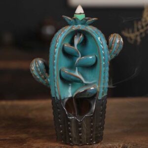 Buddha Stones Cactus Ceramic Healing Backflow Smoke Fountain Incense Burner Incense Burner BS Cactus-Blue 12.5*6.5*17cm